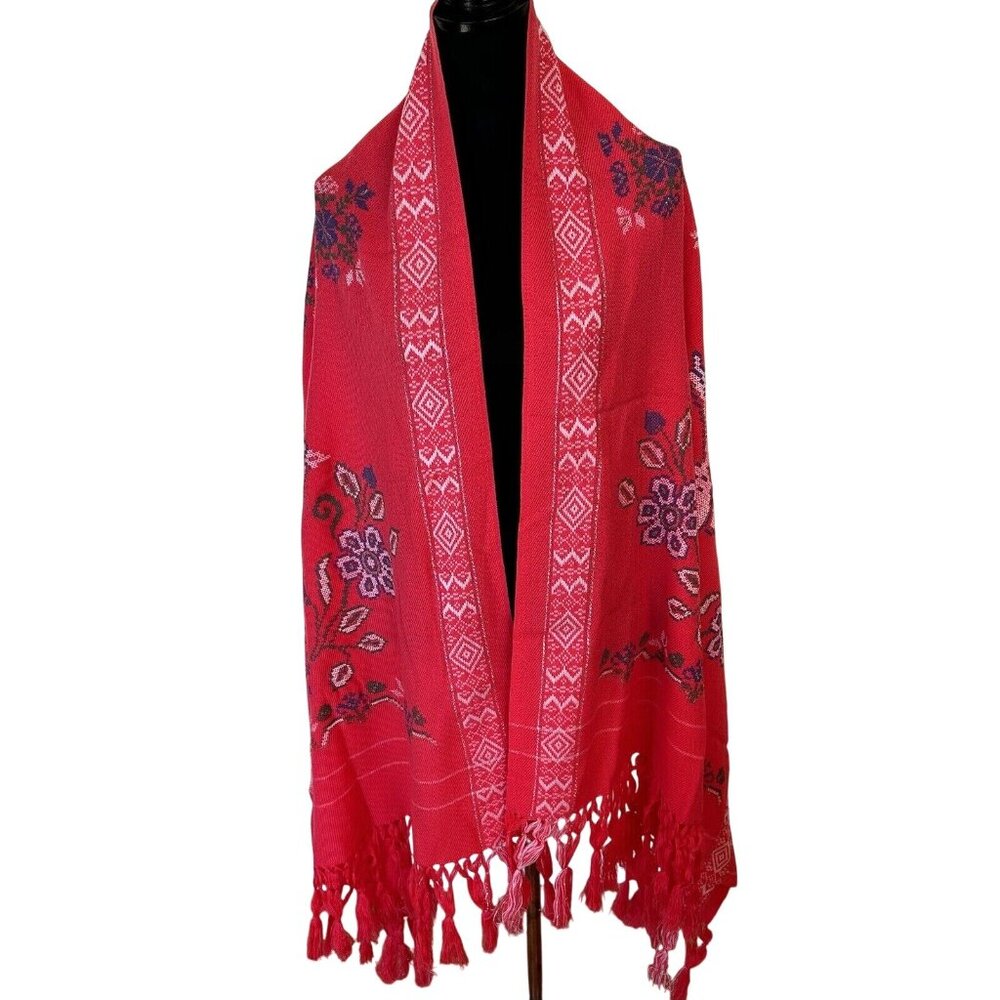 Vtg Womens Wrap Coral Pink Large Floral Bird Scarf Boho Ethnic Style